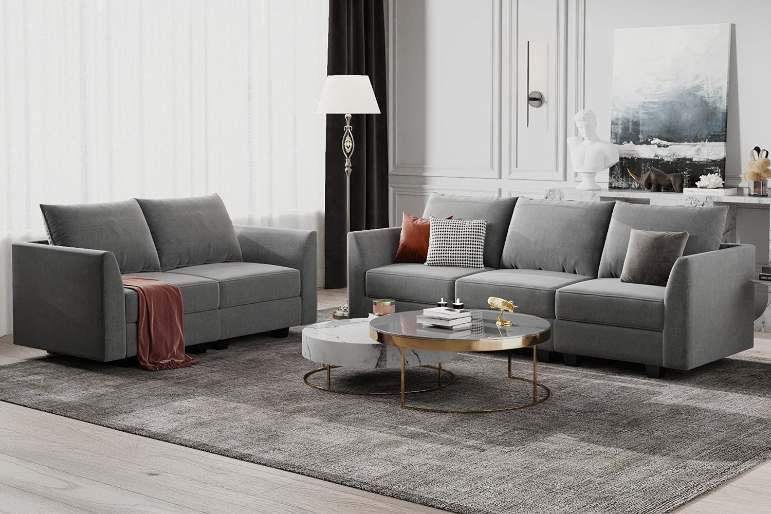 HONBAY 2-Piece Modern Fabric Living Room Sofa Set with Storage Seats - Grey | Modular Couch & Loveseat for Small Spaces, Apartments & Cozy Home Decor