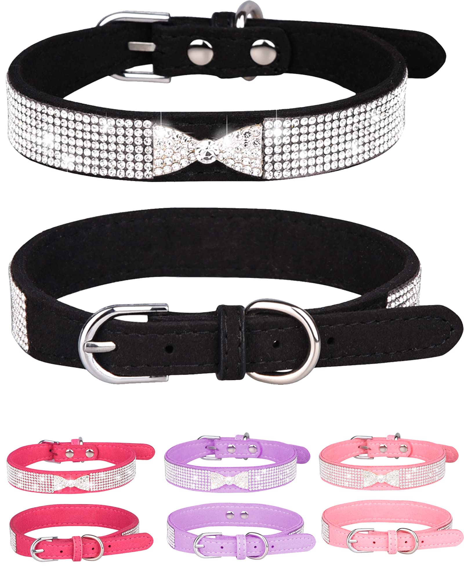 Adjustable Leather Suede Bling Dog Collar with Rhinestones - Pink & Black Small Dog Collar for Puppies & Cats | Perfect for Daily Walks, Pet Grooming & Special Occasions