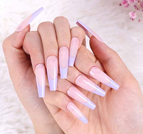 Wulimoon 24PCS French Tip Press on Nails - Coffin Shaped Acrylic Fake Nails with Elegant Designs, Long Length Glossy Ballerina False Nails, Reusable Static Nails for Women & Girls (Light Purple) - Perfect for Parties, Weddings & Special Occasions