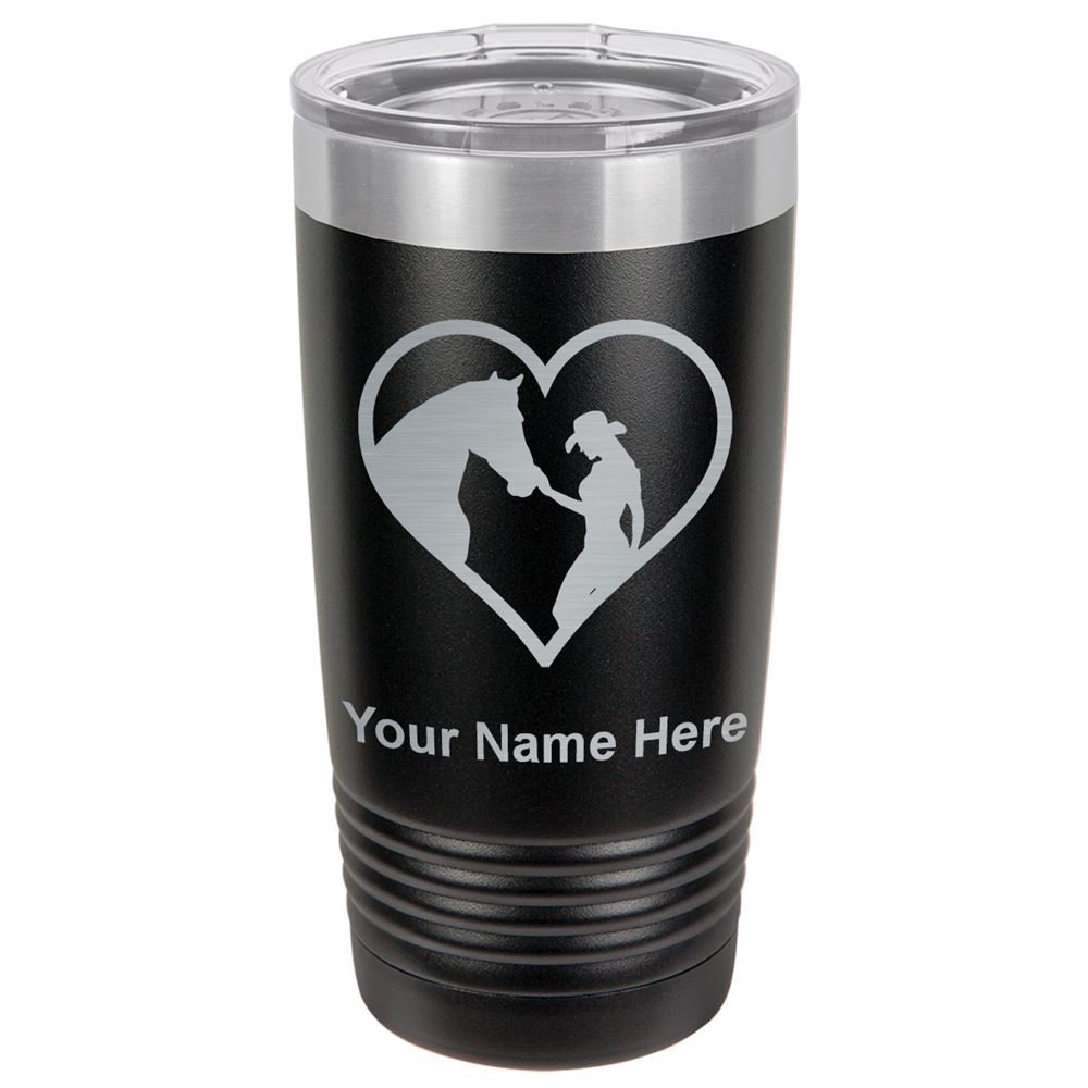 LaserGram 20oz Vacuum Insulated Stainless Steel Tumbler Mug - Personalized Engraved Cowgirl Horse Heart Design (Black) | Keeps Drinks Hot/Cold for Hours | Perfect for Coffee, Tea, Work, Gym & Outdoor Activities