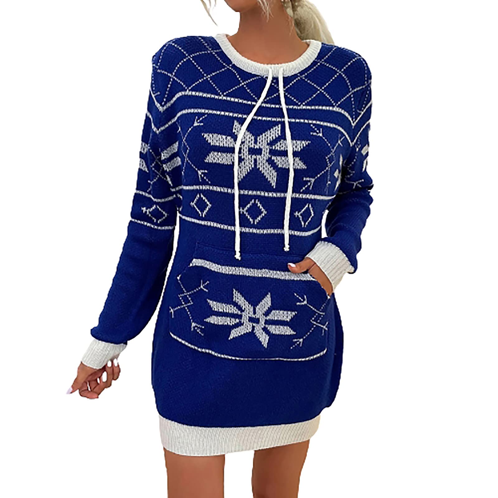 Women's Christmas Long Sleeve Knit Sweater Dress - Cozy O-Neck Casual Mini Dress with Drawstring & Pockets for Holiday Parties, Family Gatherings & Winter Outfits