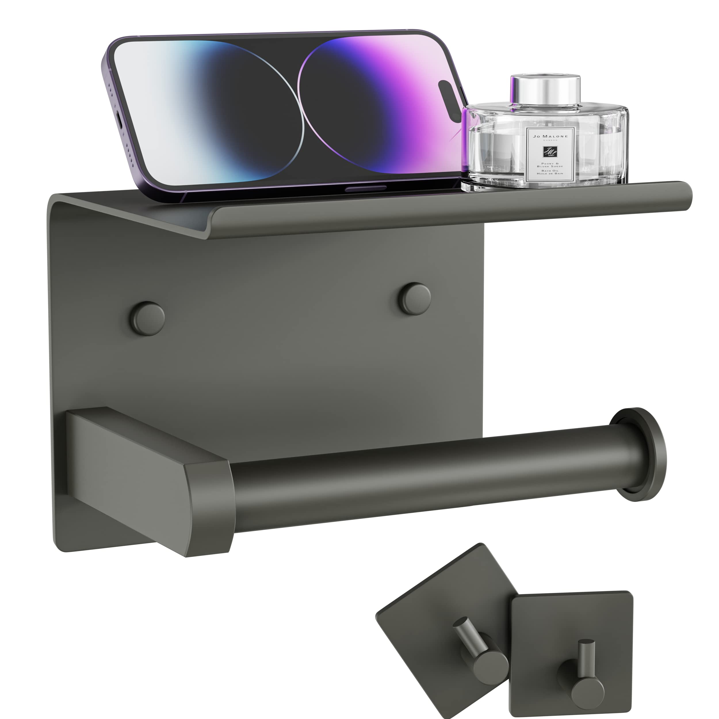 Stainless Steel Toilet Paper Holder with Phone Shelf & Towel Hooks - Wall Mounted Adhesive or Screw Installation Bathroom Tissue Roll Dispenser (Dusty Grey) - Perfect for Small Bathrooms, Apartments & RVs