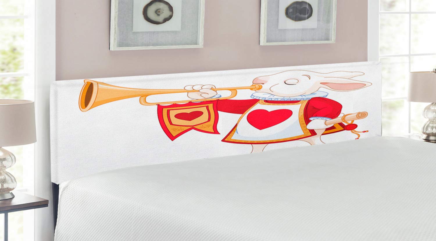 Ambesonne Alice in Wonderland Upholstered Headboard - King Size Metal Bed Frame with Memory Foam, Rabbit Playing Trumpet & Heart Design - Yellow White Red Decorative Headboard for Bedroom, Kids Room & Fantasy Themed Decor
