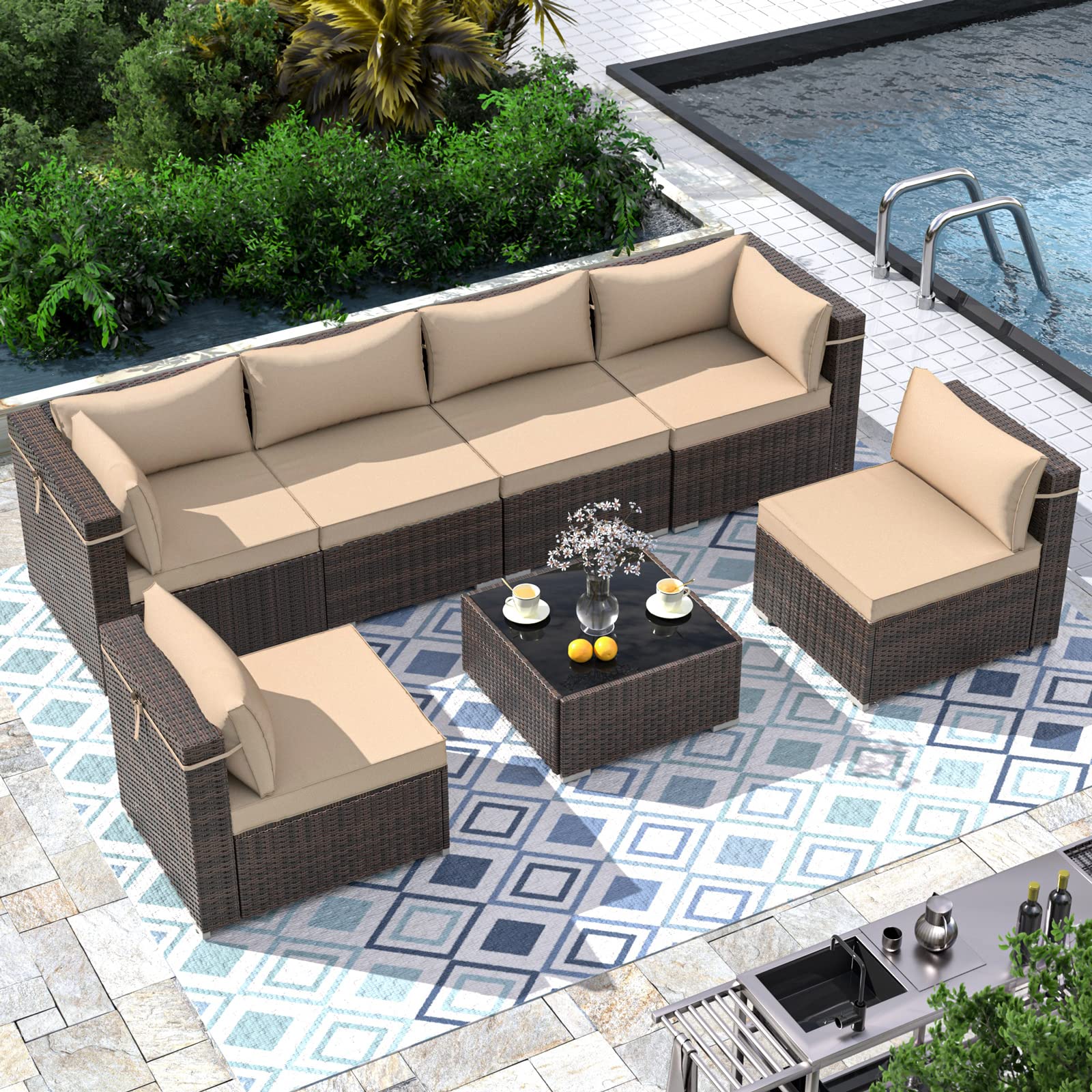 7-Piece Outdoor Patio Furniture Set - PE Rattan Wicker Sectional Sofa with 6 Seat Cushions & Tempered Glass Table - Brown Conversation Set for Garden, Backyard, Poolside (Includes Furniture Cover)