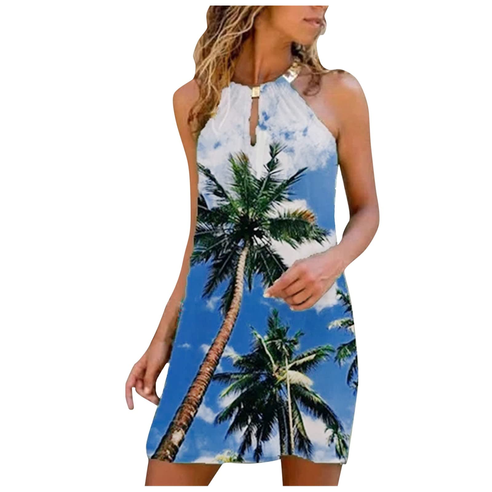 ETHKIA Women's Summer Casual Strapless Printed Dress with Metal Hanging Neck - Perfect for Beach Vacations, Date Nights & Summer Parties