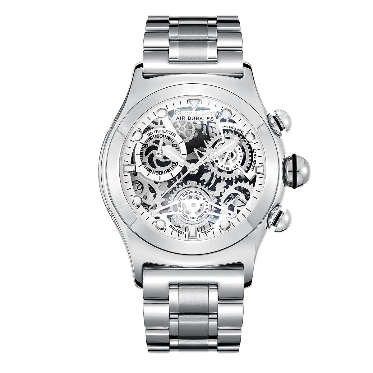 REEF TIGER Men's Skeleton Automatic Sports Watch - Luminous Steel Bracelet, Waterproof Chronograph - Perfect for Gym, Outdoor Activities & Business Casual Wear