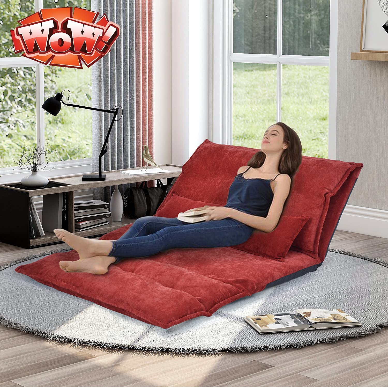 TOEIGEYNR Adjustable Double Chaise Lounge Sofa Bed - 5-Level Reclining Folding Couch for Living Room, Bedroom, Dorm & Balcony - Comfortable Upholstered Floor Gaming Chair with 2 Pillows (Red) - Perfect for Relaxing, Gaming, Napping & Small Space Living