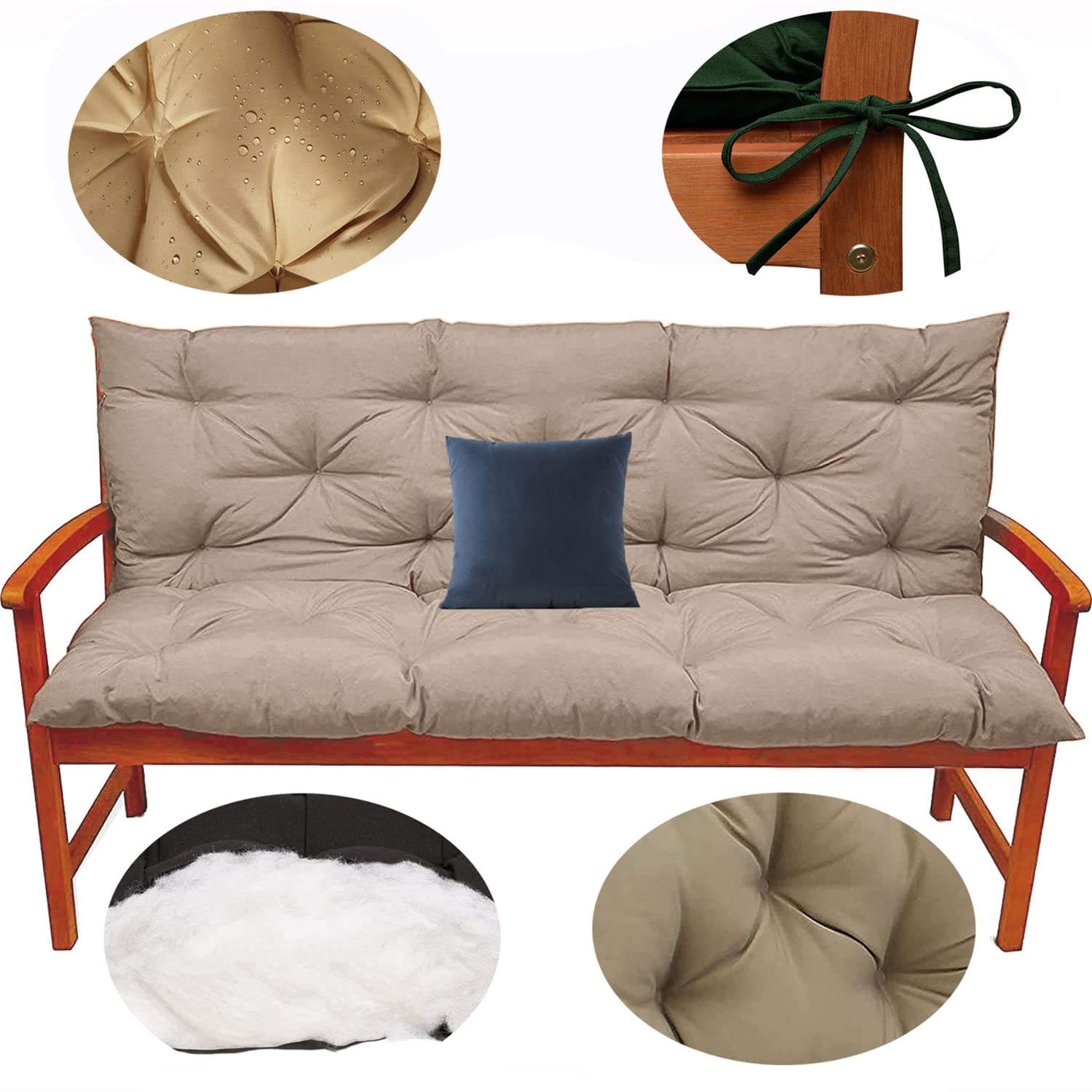 ZUINUDNG Waterproof Outdoor Swing Bench Cushions - 2 or 3 Seater Replacement Cushion with Backrest & Ties, Washable Patio Furniture Seat Cover for Garden, Porch, Deck (Perfect for Relaxing in Backyard or Poolside)