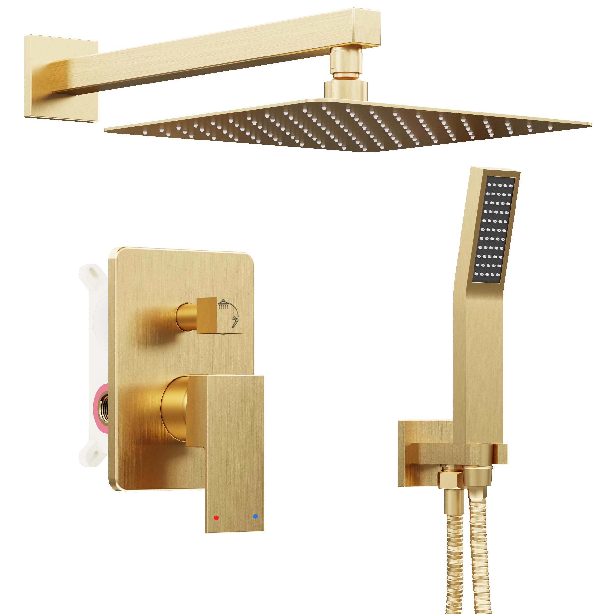 Premium Gold Shower System - High Pressure 10 Inch Rain Shower Head with Handheld Sprayer | Wall Mounted Bathroom Faucet Set with Rough-in Valve & Trim Kit | Brushed Gold Finish | Perfect for Luxurious Spa-Like Experience in Master Bathrooms