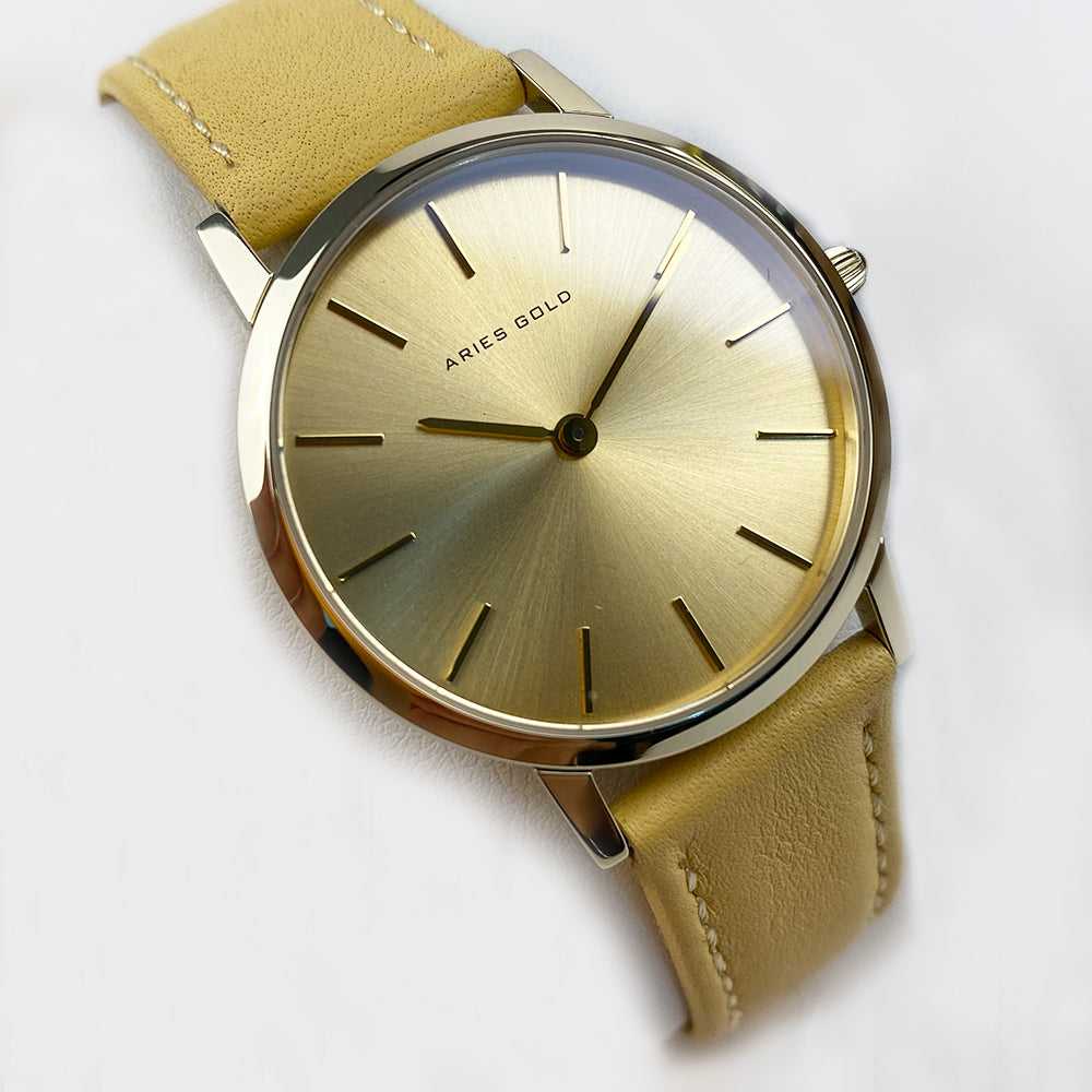 ARIES GOLD Urban Santos Gold Stainless Steel Women's Watch with Leather Strap - Fashionable Timepiece for Everyday Wear, Office & Special Occasions