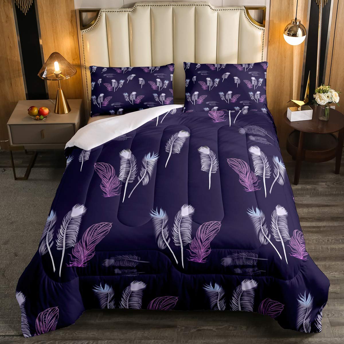 Bohemian Purple Feather Comforter Set - Ultra Soft Queen Size Duvet Cover with Bird Feather Design for Boys, Girls & Teens | Chic Boho Bedroom Decor for Cozy & Stylish Sleep