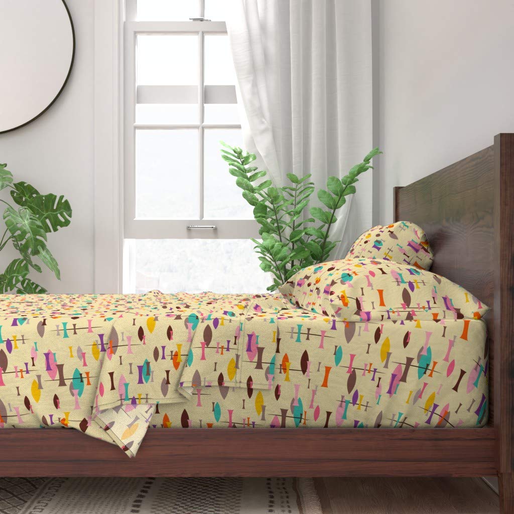 Spoonflower 100% Cotton Twin Sheet Set - 3 Piece Retro Midcentury Modern Bedding in Akimbo Pink, Yellow, Brown & Purple Orange Print | Soft, Breathable & Customizable for Bedroom, Guest Room & Dorm Decor