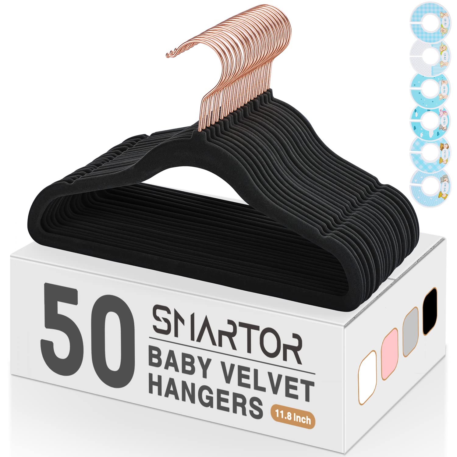 Premium Velvet Baby Clothes Hangers 50-Pack - 11.8 Inch Safe & Durable Nursery Hangers with 6 Closet Dividers - Soft Felt Hangers for Toddler, Infant & Kids Wardrobe Organization - Black - Perfect for Nursery Closets, Baby Shower Gifts & Children's Room Storage