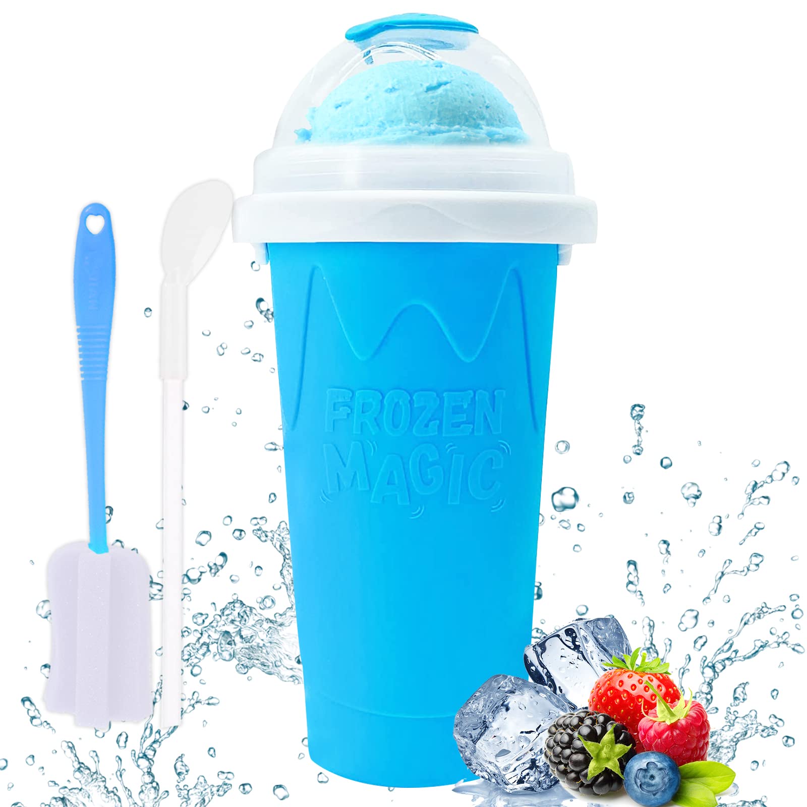 Magic Slushy Cup - Double Layer DIY Quick Frozen Smoothie Maker with Spoon & Cleaning Brush, Food Grade Silicone Slushie Cup for Kids & Adults - Perfect for Summer Drinks, Birthday Gifts & TikTok Trends (Blue)