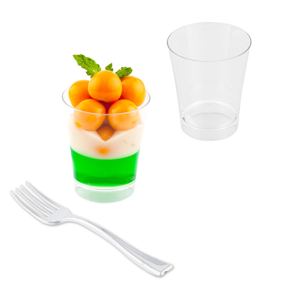 100-Pack 3 oz Clear Plastic Mini Parfait Cups with 100 Silver Mini Forks - Disposable Dessert Glasses for Parfaits, Ice Cream, Yogurt, Party Favors & Catering Events