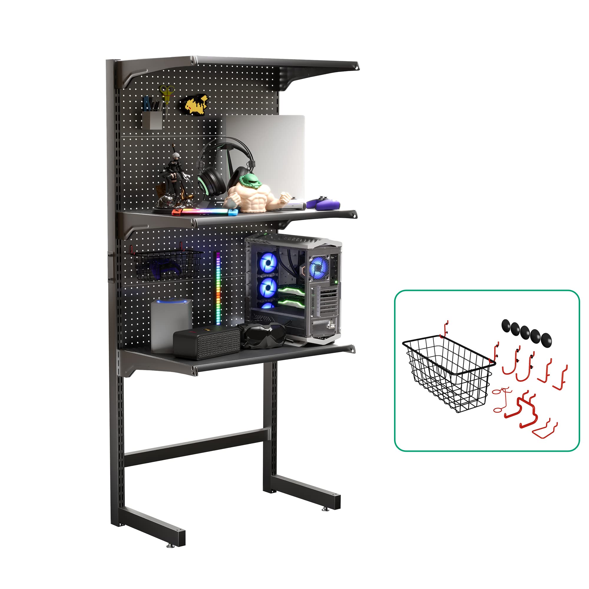 JWX DDB 30'' Free Standing Gaming Shelf Pegboard Cabinet with Metal Pegboard & 15-Piece Organizer Tool Holders - Perfect for Home Office, Game Room & Workshop Organization
