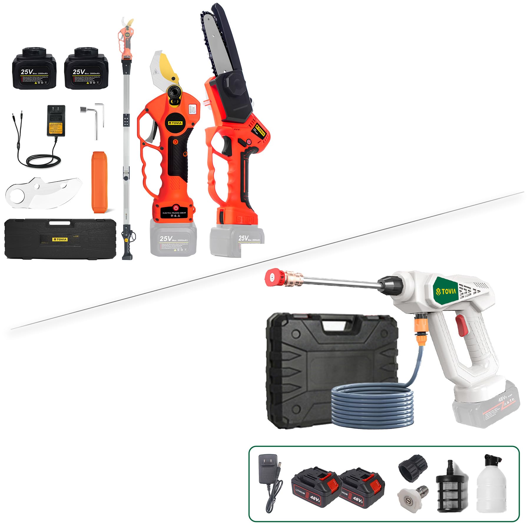 T TOVIA Cordless Electric Pruner Kit & Pressure Washer Set - 20V Lithium Battery Garden Shears & 600PSI Power Cleaner for Lawn Care, Tree Trimming, Deck Cleaning, Patio Washing