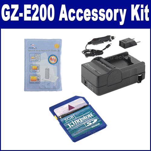 JVC GZ-E200 Camcorder Accessory Kit with SDM-1550 Charger, 2GB Memory Card & Cleaning Kit - Perfect for Travel Vlogging, Family Events & Outdoor Recording