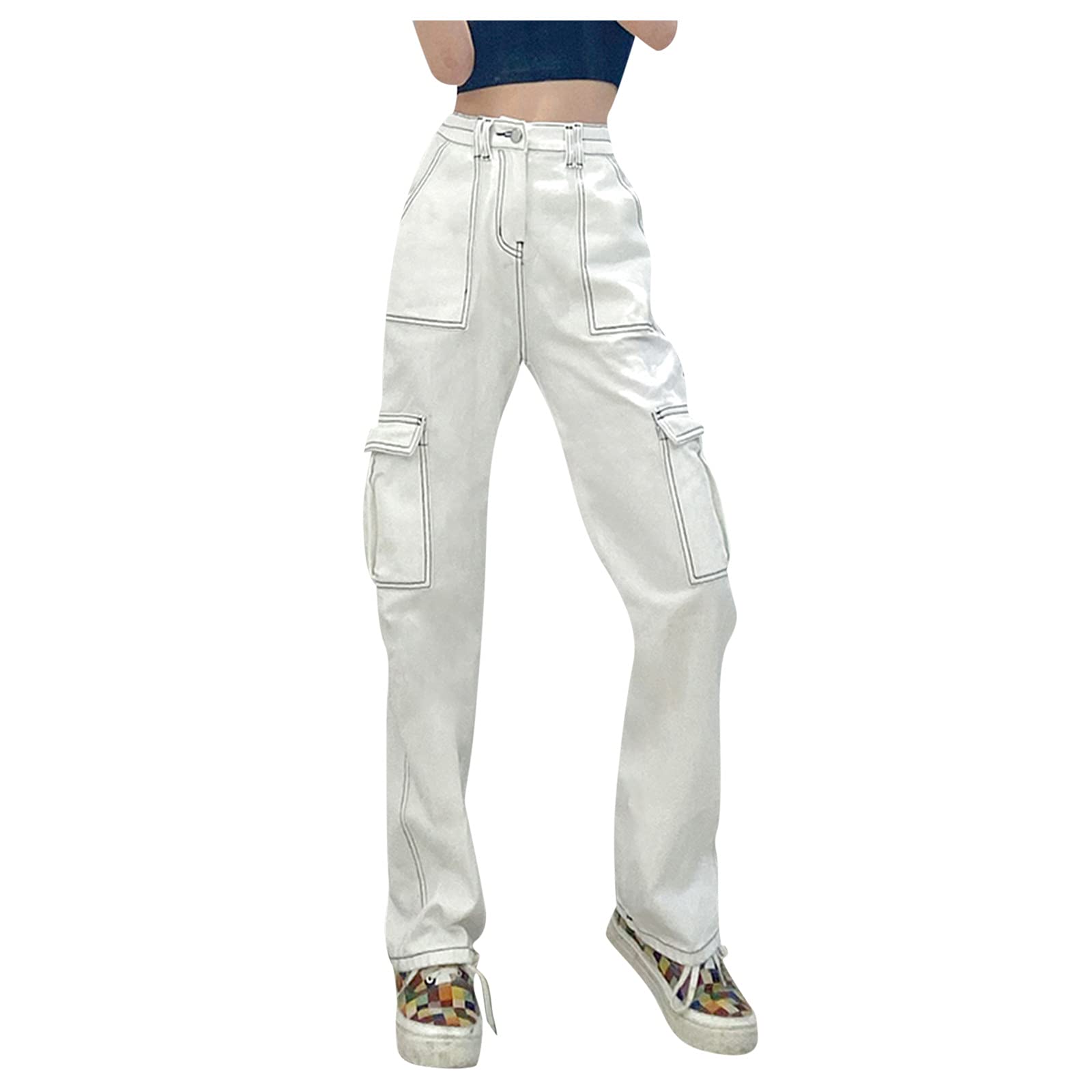 Zhuiming Women's Y2K High Waisted Wide Leg Jeans - 90s Vintage Patchwork Straight Denim Pants | Trendy Baggy Trousers for Streetwear & Casual Outfits (D-White)
