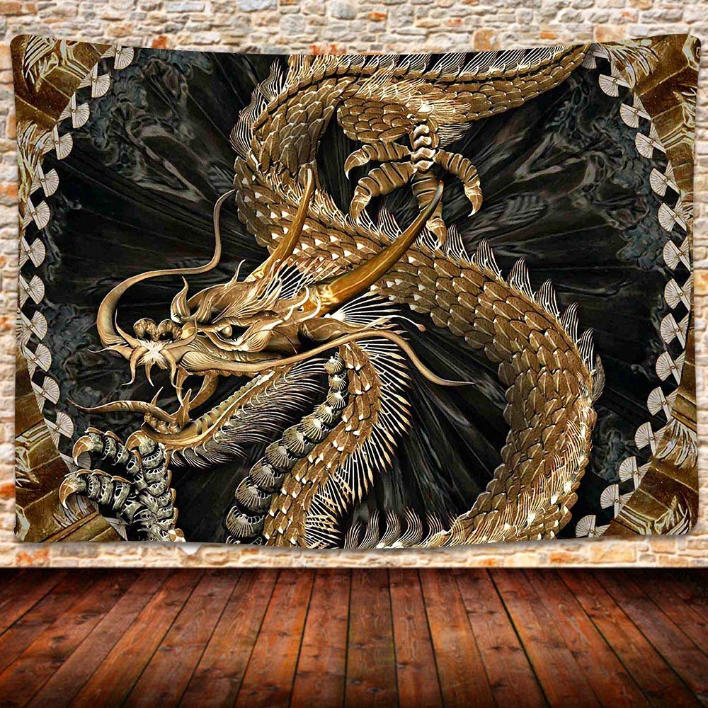 Golden Dragon Tapestry Wall Art - Chinese Dragon Mural for Bedroom Decor 80x60 Inches