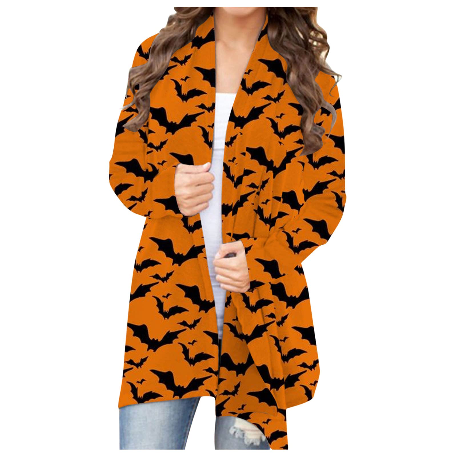 Women's Halloween Cardigan Sweater - Cute Floral Print with Pumpkin, Black Cat & Ghost Design - Lightweight Casual Coat for Fall Parties, Trick or Treating & Spooky Season Outfits