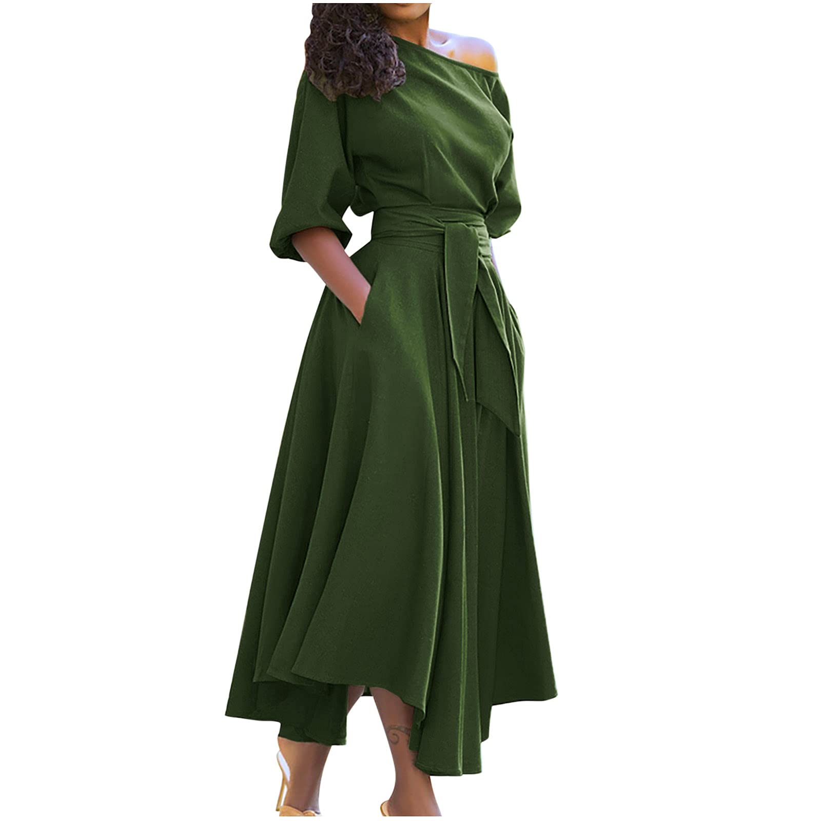 Women's Casual Maxi Dress with Belt - A-Line Shoulder Off Dress with Irregular Hem | Summer Flowy Pink Dress for Women | Perfect for Beach, Vacation & Date Night