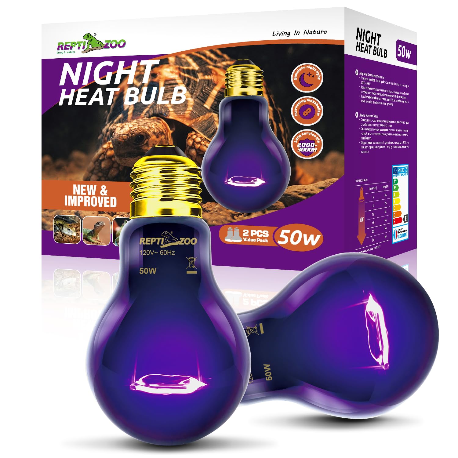 REPTIZOO 2-Pack 50W Reptile Night Heat Lamp - Infrared Heating Bulb with Moonlight Glow for Bearded Dragons, Lizards, Snakes & Turtles | Ideal for Nocturnal Reptile Terrariums & Nighttime Habitat Heating