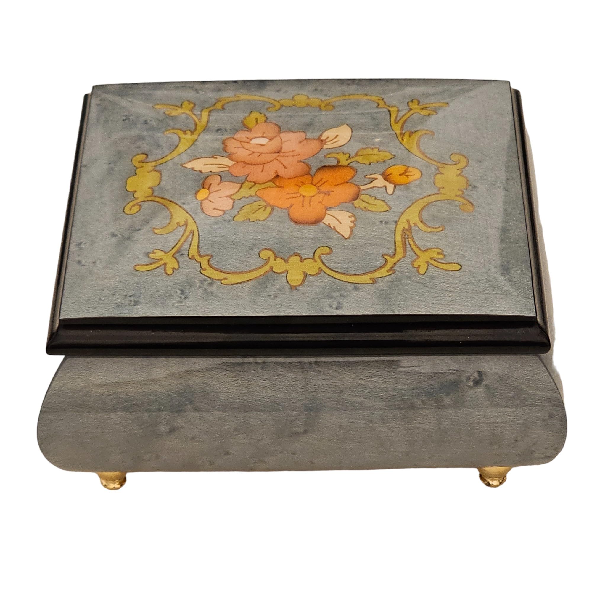 Handmade Italian Inlaid Music Box - Light Blue Floral Bouquet Design, Customizable Tune Jewelry Box from Sorrento | Perfect Gift for Weddings, Anniversaries & Home Decor