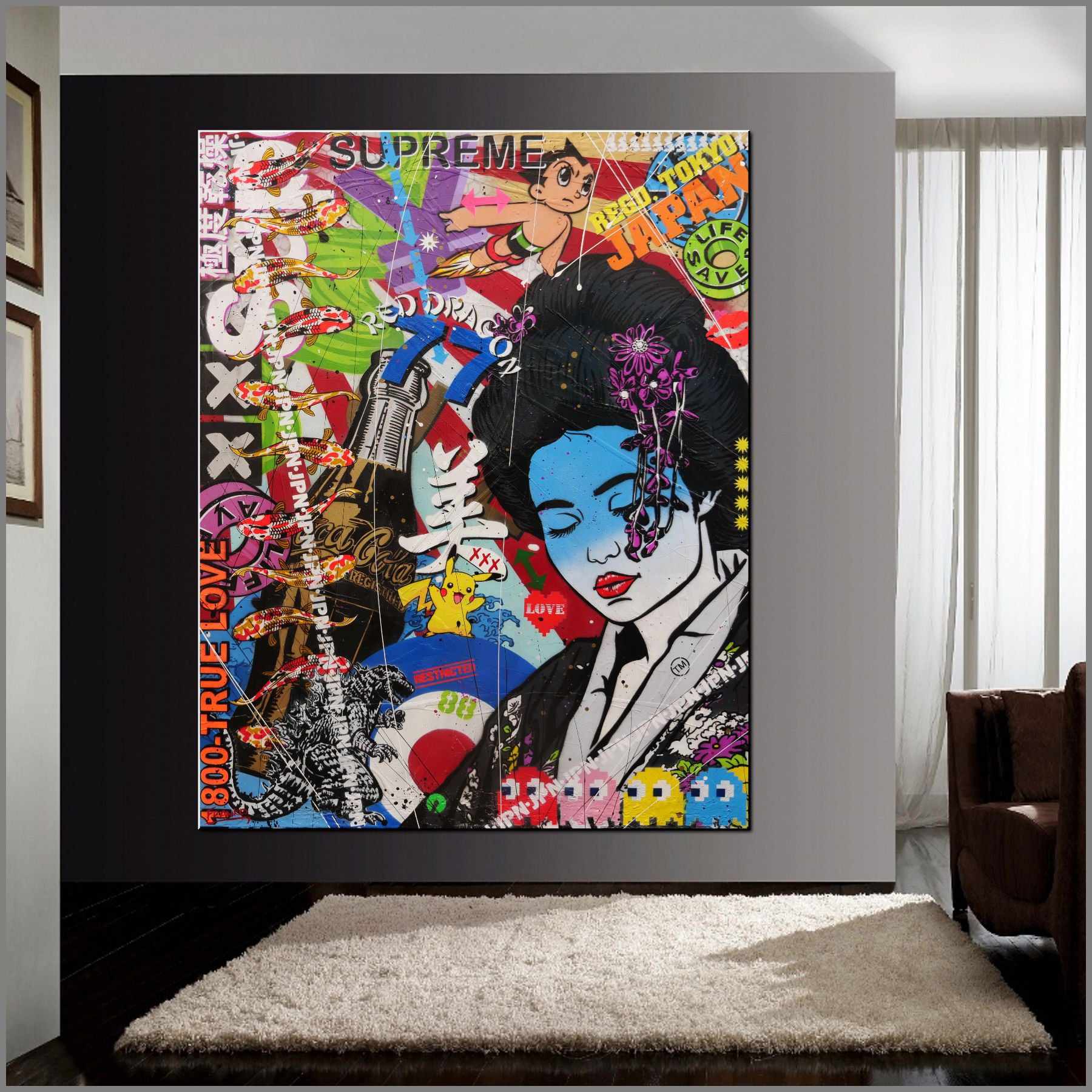 Modern Pop Geisha Wall Art - 47x59 Inch Textured Canvas Painting, Japanese Urban Pop Art Decor for Living Room & Bedroom
