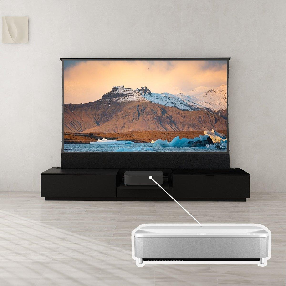 VIVIDSTORM Bundle - 4K Laser Projector, Motorized Screen & TV Cabinet for Home Theater | Epson Edition | Perfect for Movie Nights, Gaming & Entertainment