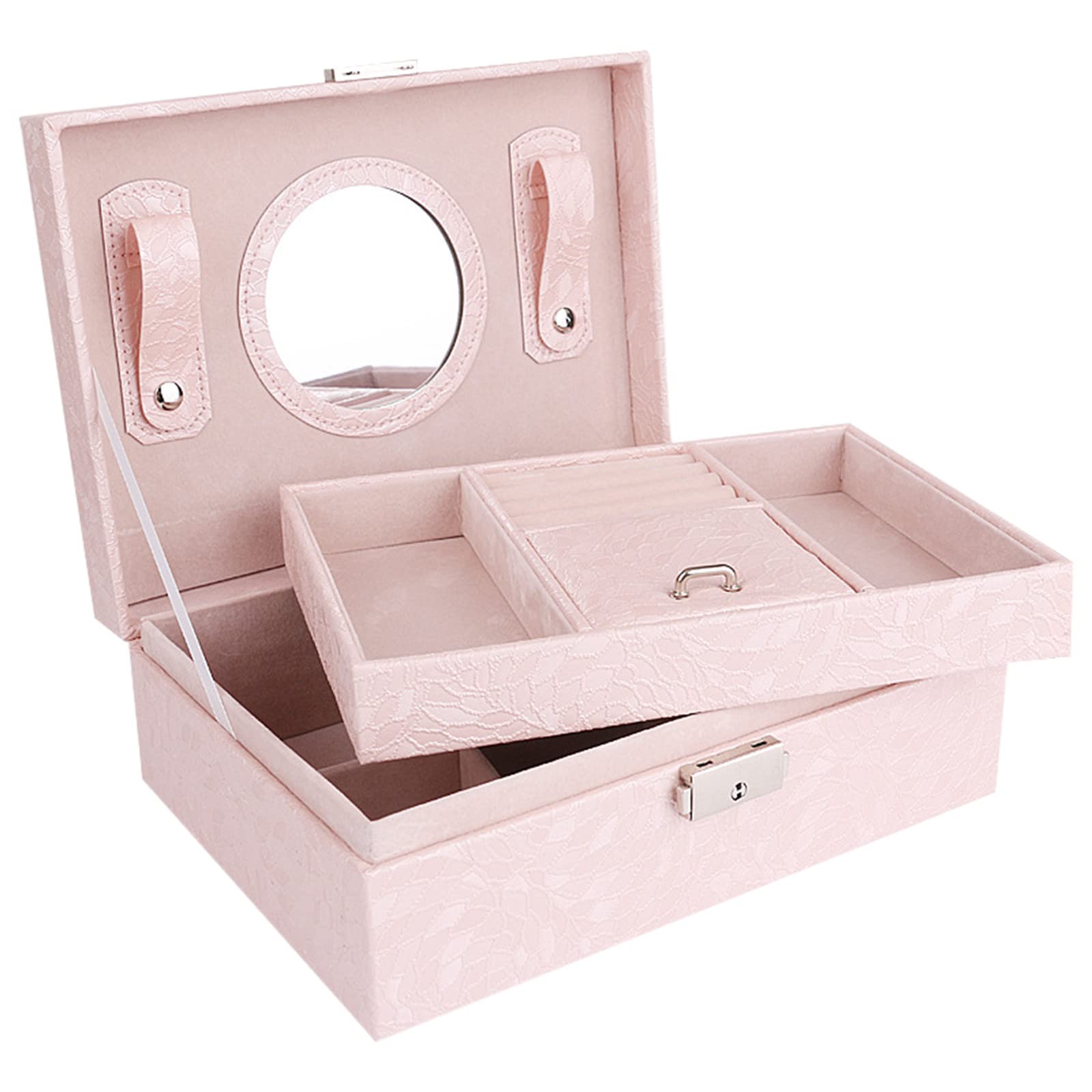Comigeewa Jewelry Box with Lock and Mirror - 2-Layer Jewelry Organizer Storage Case for Earrings, Bracelets, Rings & Watches - Perfect for Travel, Home Decor, and Gift Giving