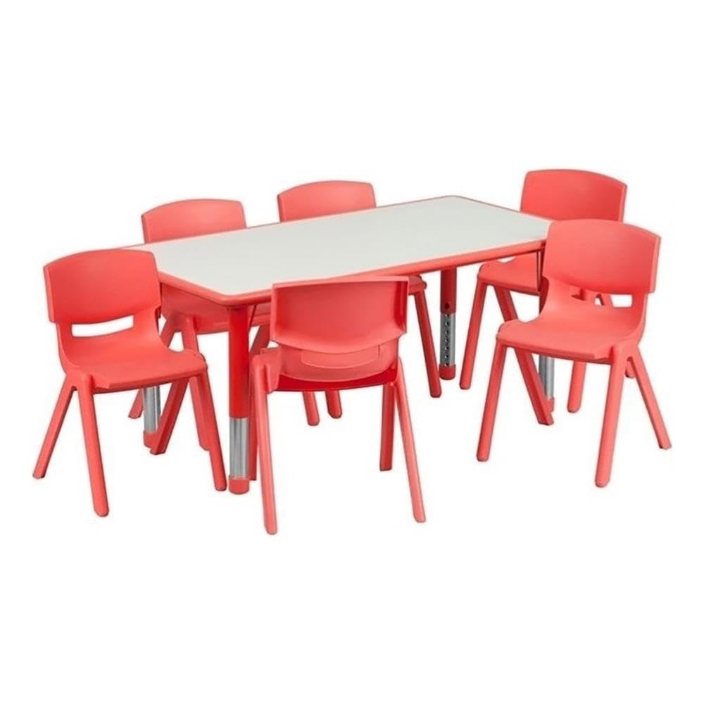 BOWERY HILL Kids Plastic Activity Table and 6 Stacking Chairs Set - Red Color for Toddlers & Children | Perfect for Playroom, Classroom, Daycare, and Home Learning Activities