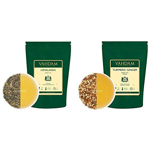 VAHDAM Himalayan Green Tea (9oz, 100+ Cups) & Turmeric Ginger Herbal Tea (7oz, 100+ Cups) - Superfood Blend for Immunity Boost, Weight Loss & Wellness | Cold Brew or Hot Tea | Perfect for Morning Energy, Afternoon Relaxation & Immune Support
