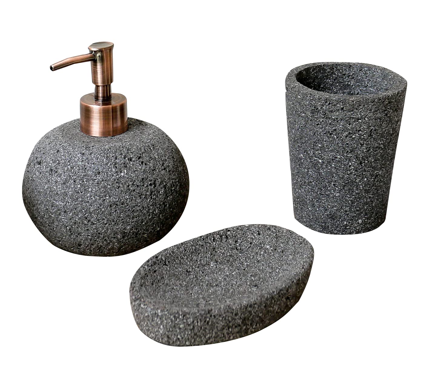 Lava Stone Bathroom Accessories Set - Natural Stone Soap Dispenser with Bronze Pump, Toothbrush Holder & Soap Dish | Spa-Like Luxury for Modern Bathrooms, Perfect for Home Decor & Gifts