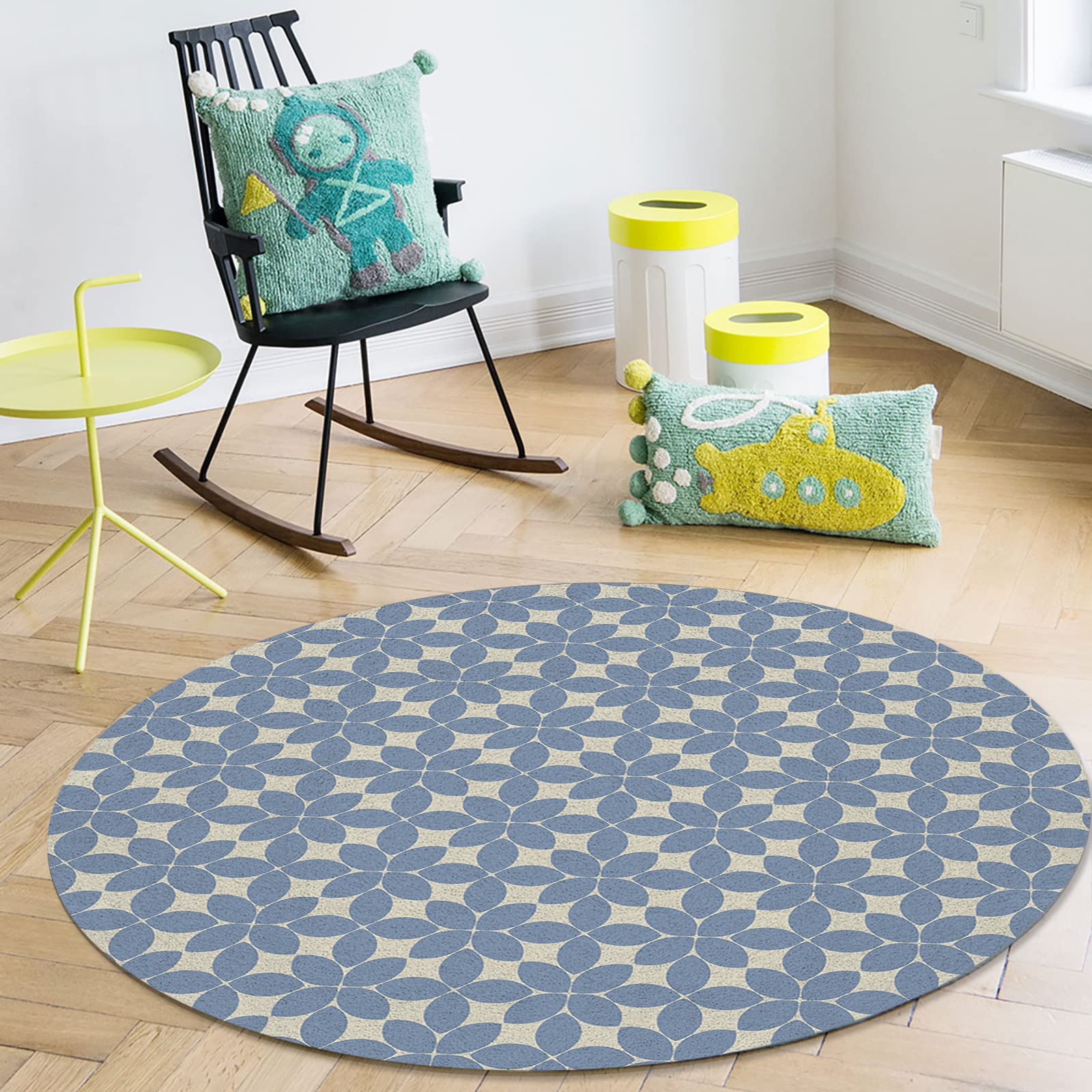 Blue Geometric Round Area Rug - Modern Floral Abstract Non-Slip Play Mat for Kids | 5ft Soft Circle Farmhouse Rug for Living Room, Bedroom & Dining Room | Perfect for Nursery, Playroom & Home Decor