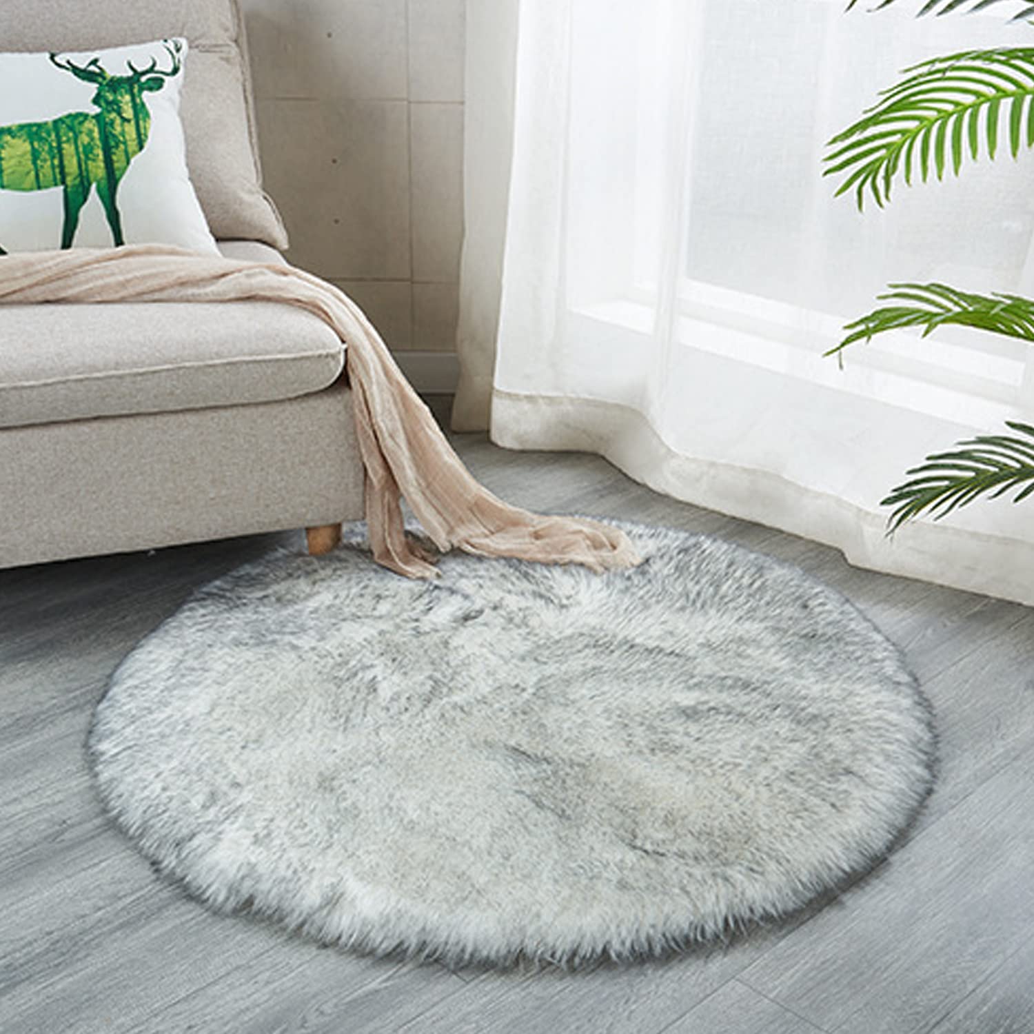 Soft Faux Sheepskin Round Area Rug - 6ft White & Grey Shaggy Fluffy Carpet for Living Room, Bedroom, Nursery | Ultra Plush Floor Mat for Cozy Home Decor, Girls Room & Winter Warmth