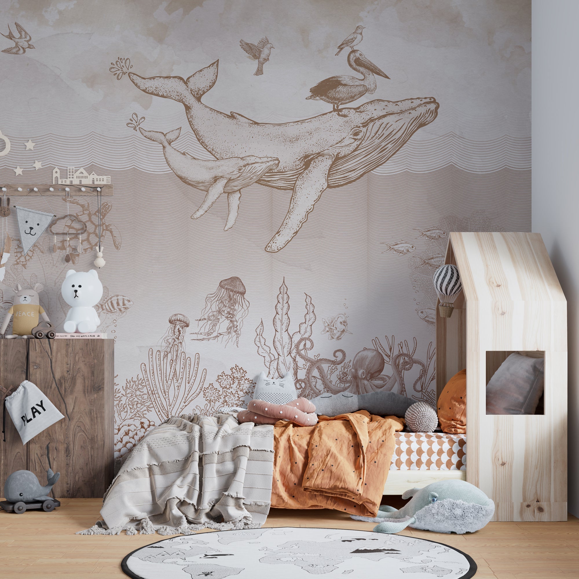 Whales in Sea Sketchy Kids Room Wallpaper Mural - Ocean Themed Nursery Decor for Boys & Girls Bedroom
