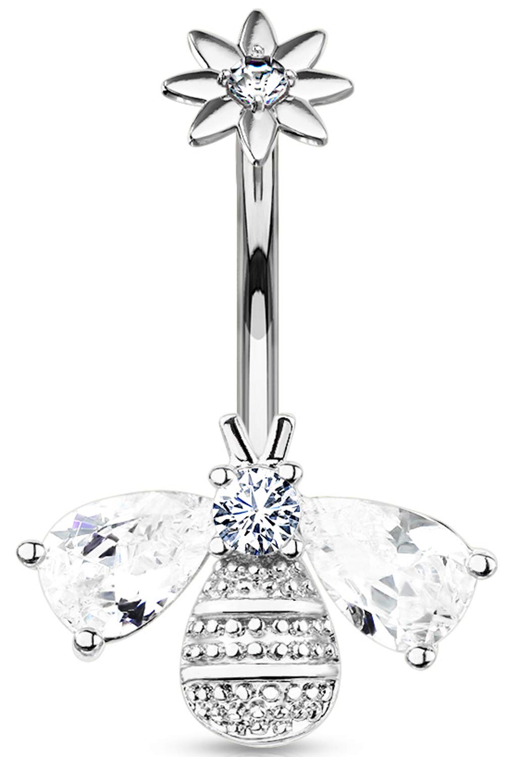 Internally Threaded CZ Crystal Bumble Bee Flower Belly Button Ring - Elegant Navel Piercing Jewelry for Summer Outfits & Beach Wear