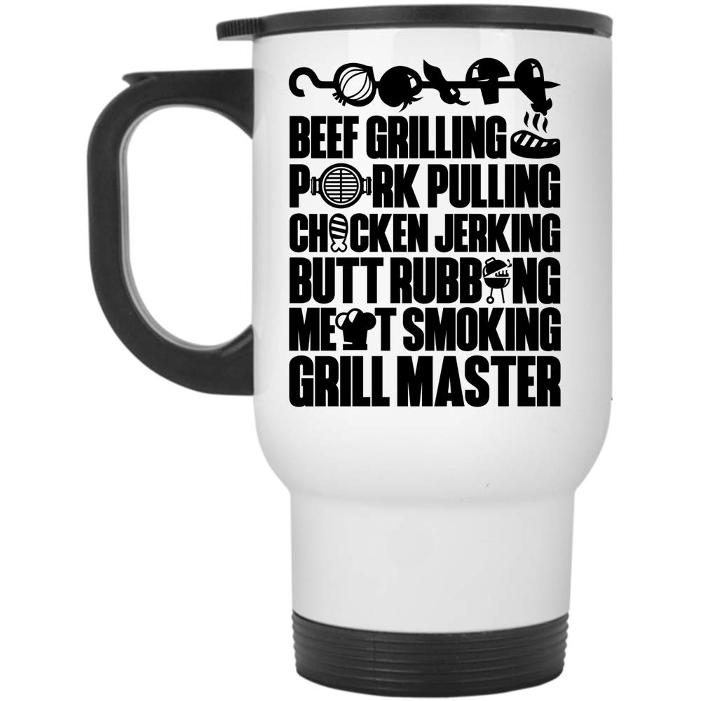 Premium Meat Smoking Grill Master Travel Mug - Insulated Stainless Steel for Beef, Pork & Chicken - Perfect for BBQ, Camping & Outdoor Cooking (White)