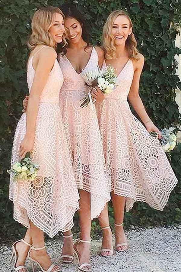 Elegant A-Line V-Neck Pearl Pink Lace Bridesmaid Dress for Prom, Homecoming & Formal Events - BD053 | Perfect for Weddings, Parties & Special Occasions