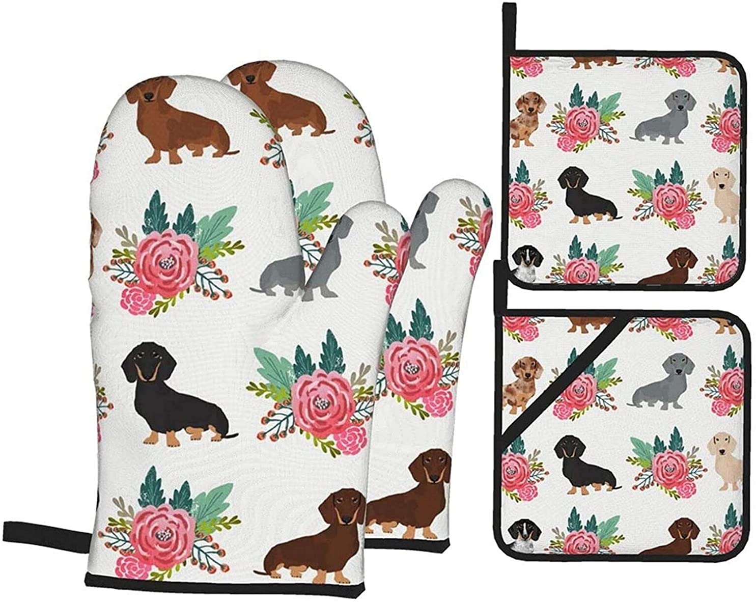 **Cute Dachshund Floral Oven Mitts and Pot Holders Set (4pcs) - Heat Resistant, Non-Slip, Food Grade Kitchen Gloves for Cooking, Baking, BBQ - Perfect for Holiday Gifts & Home Decor**