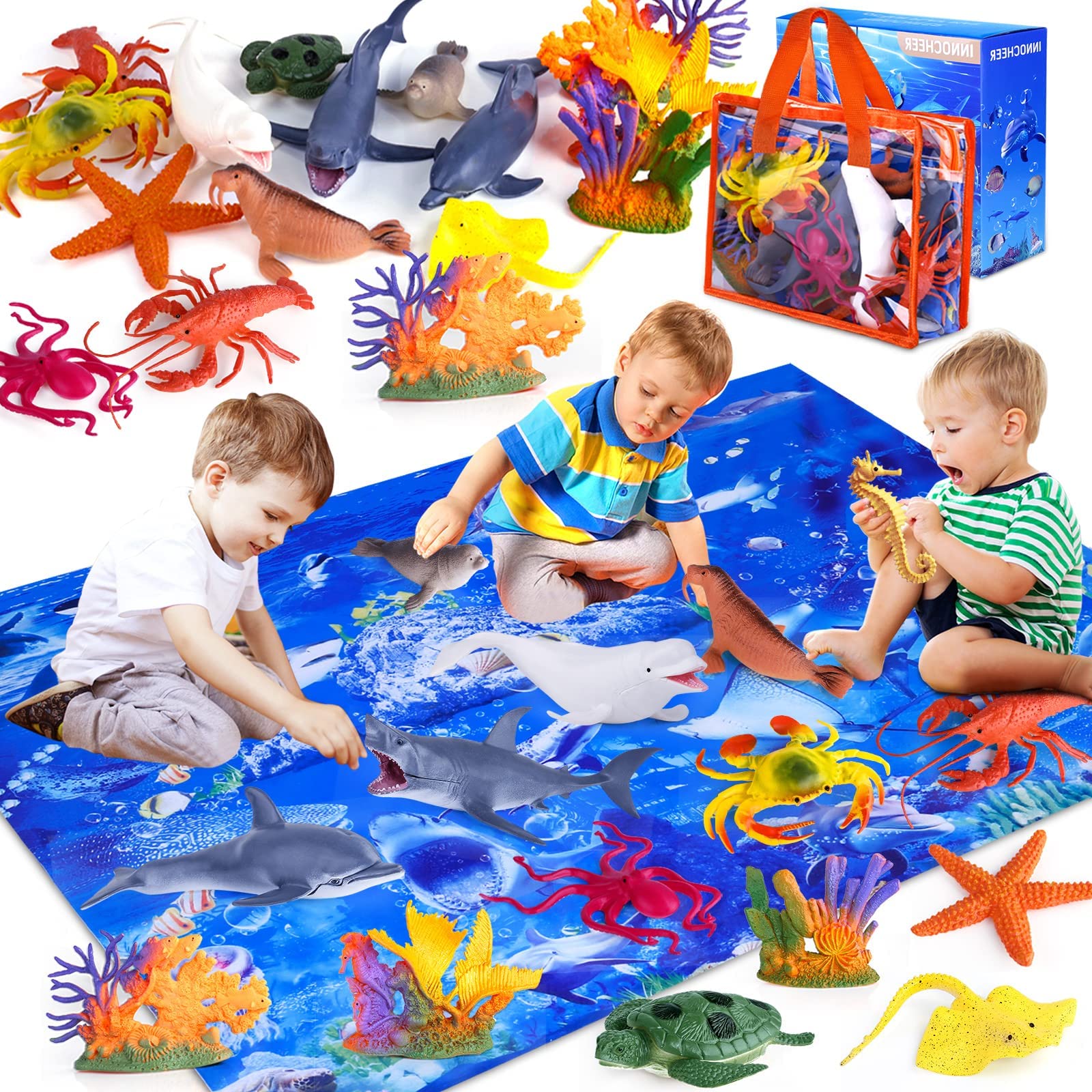 INNOCHEER 18-Piece Ocean Animal Toys Set for Kids Ages 3-12 - Shark, Whale, Dolphin Sea Creature Figures with Play Mat - Educational Marine Life Toys for Toddlers Boys & Girls | Perfect for Bath Time, Classroom Learning & Imaginative Play