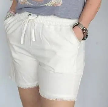 Ivory Frayed Hem Drawstring Shorts for Women - Casual Summer Beach Shorts with Adjustable Waist | Perfect for Vacation, Poolside Lounging & Outdoor Activities