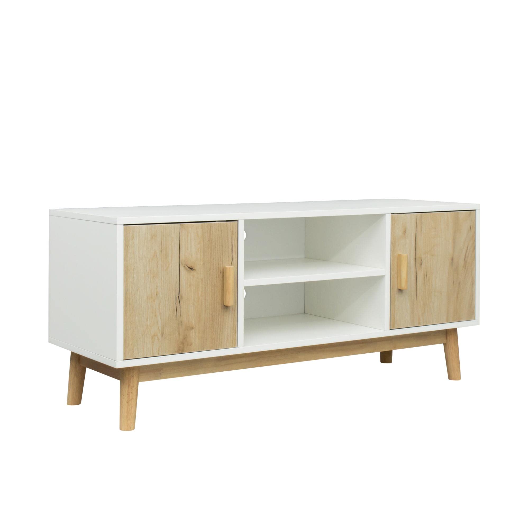 Mid-Century Modern TV Stand with Adjustable Storage - Solid Wood Entertainment Center for Living Room, Bedroom & Home Theater - White & Oak Finish