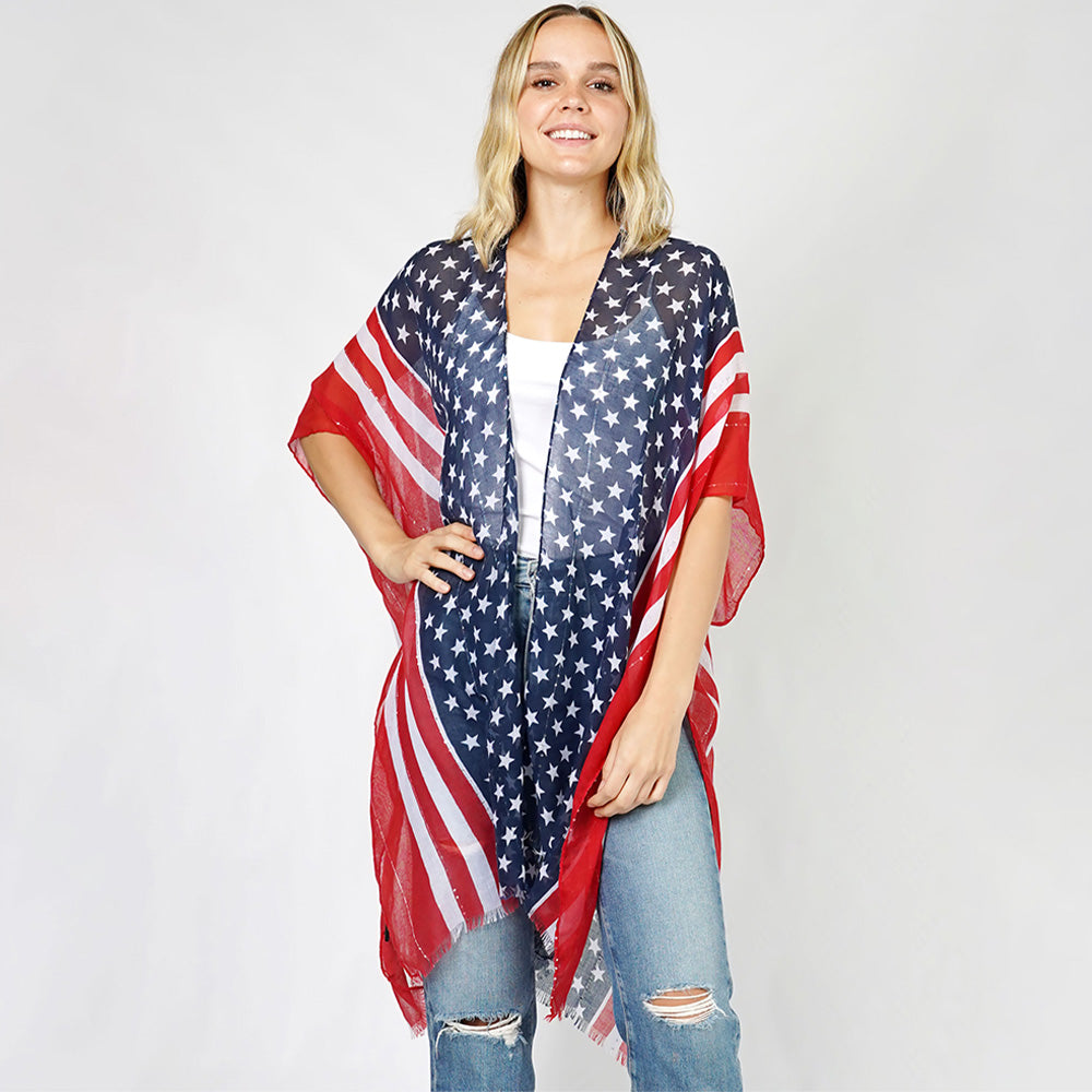 American Flag Print Kimono Poncho - Lightweight Cover Up for Women, Patriotic Beachwear & Summer Fashion | Perfect for 4th of July, Pool Parties & Outdoor Events