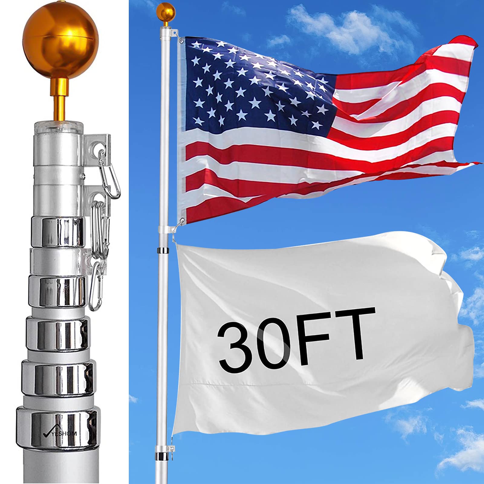 **30Ft Aluminum Telescopic Flag Pole Kit with US Flag & Gold Ball - Heavy Duty House Flagpole for Residential & Commercial Use - Perfect for Patriotic Display, Gardens & Outdoor Decor (30 FT)**