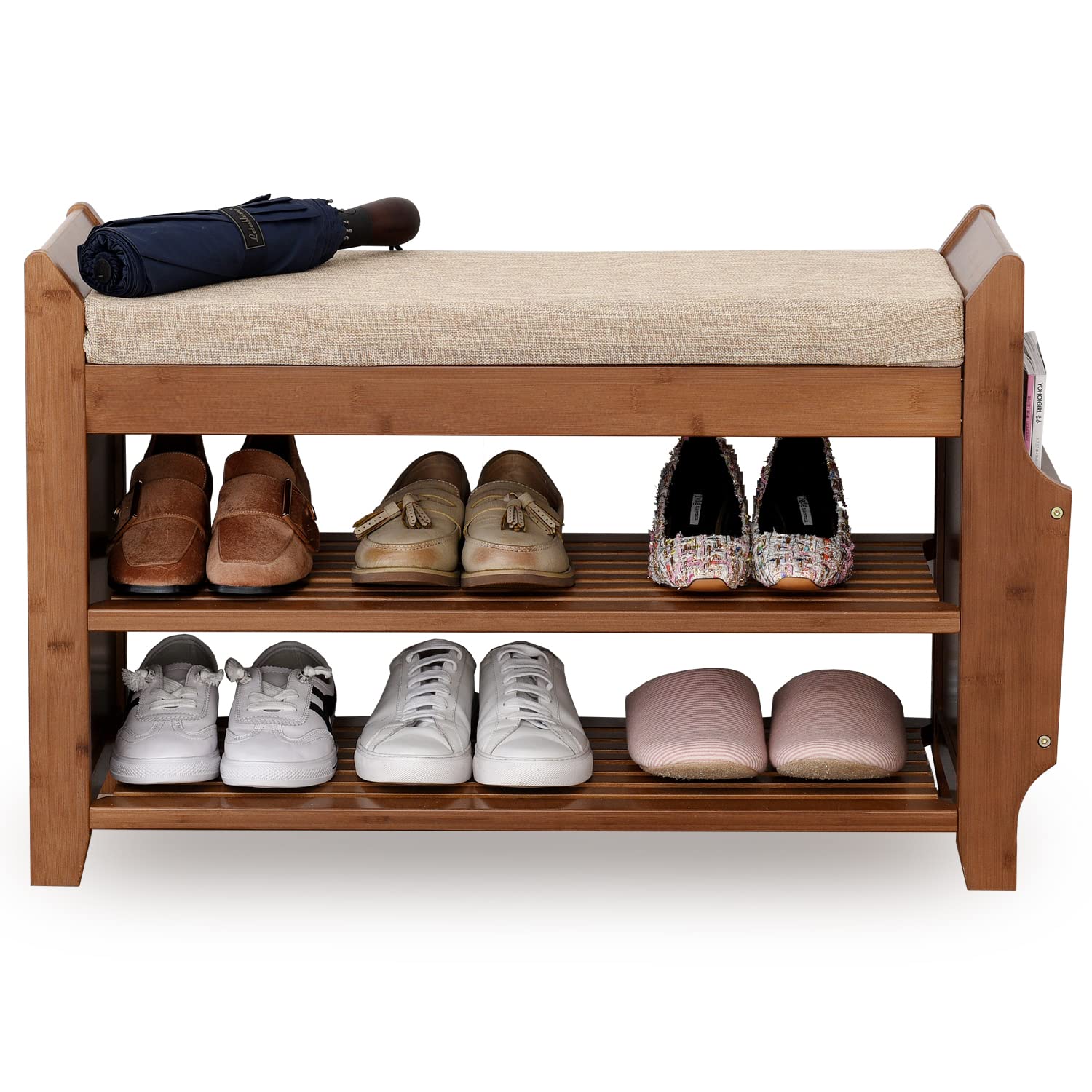 SOBIBO Bamboo Shoe Rack Bench with Storage Basket & Removable Cushion - 31