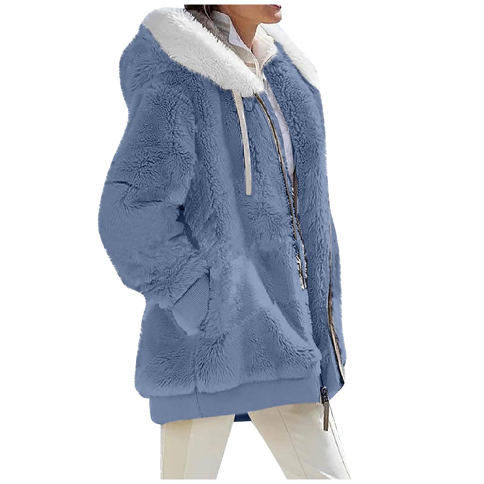 Women's Winter Jacket - Fashionable Loose Fit Plush Long Sleeve Coat with Zipper Pockets & Hood | Warm Outerwear for Cold Weather, Snow Days & Outdoor Activities