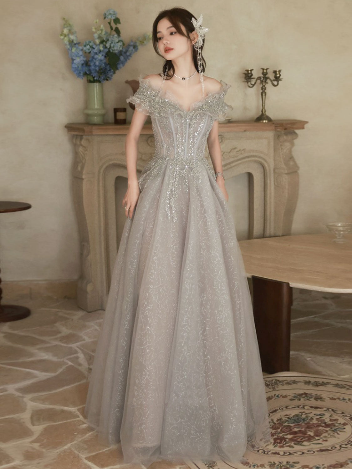 Elegant A-Line Off Shoulder Tulle Sequin Gray Long Prom Dress - Formal Evening Gown for Homecoming, Quinceañera & Special Occasions