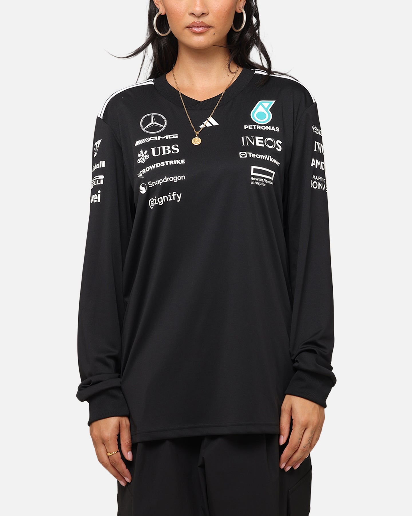 Adidas x Mercedes AMG Petronas Formula One Team 2025 Long Sleeve Driver T-Shirt - Black | Official F1 Racing Apparel for Motorsport Fans